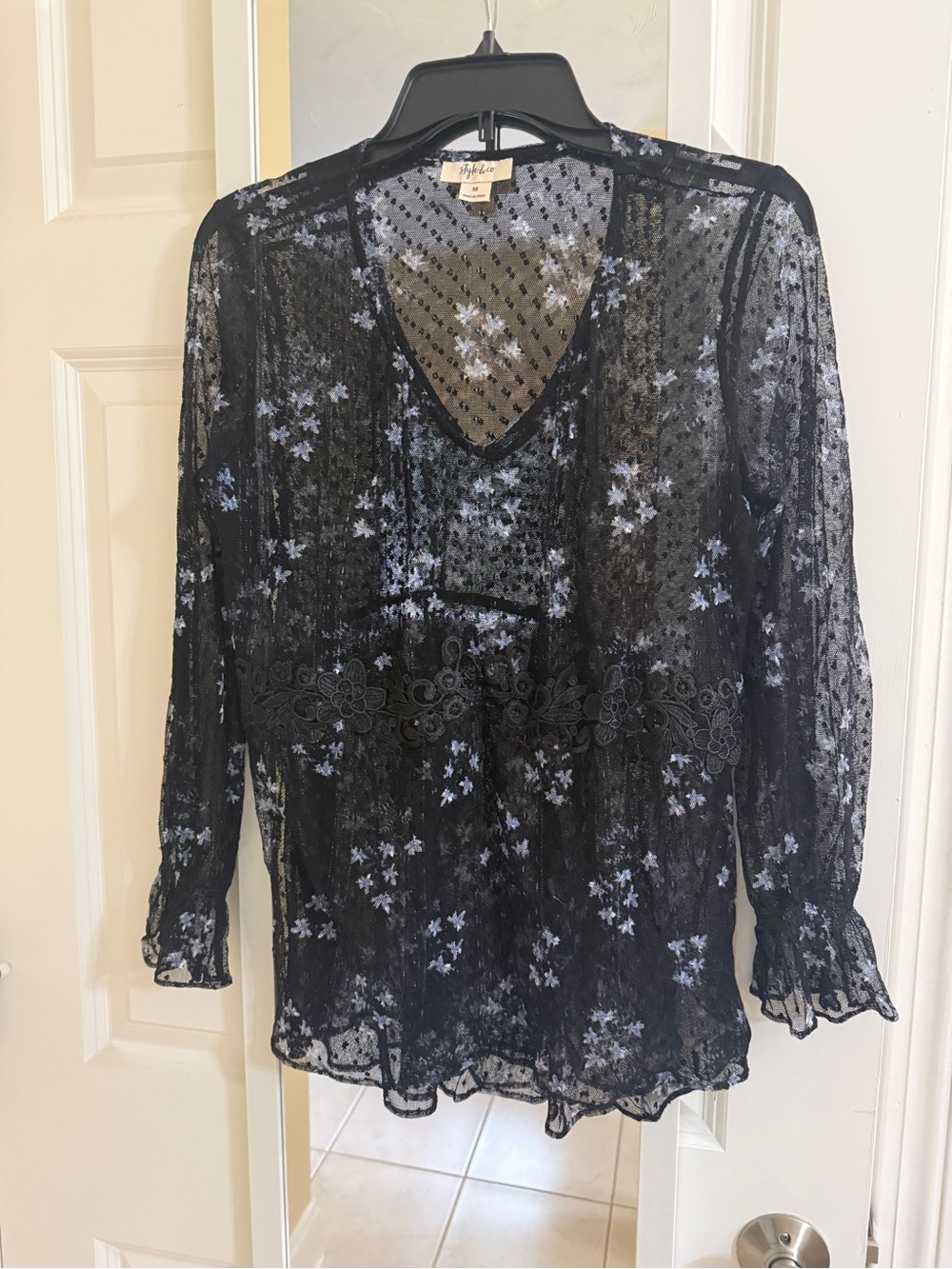 Style & Co. Black Sheer V-Neck Blouse with Pale Blue Floral Embroidery